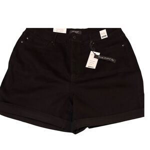 NWT!JUDY BLUE HIGH WAISTED,3X BLACK DENIM SHORTS W/STOMACH CONTROL, FINISHED HEM